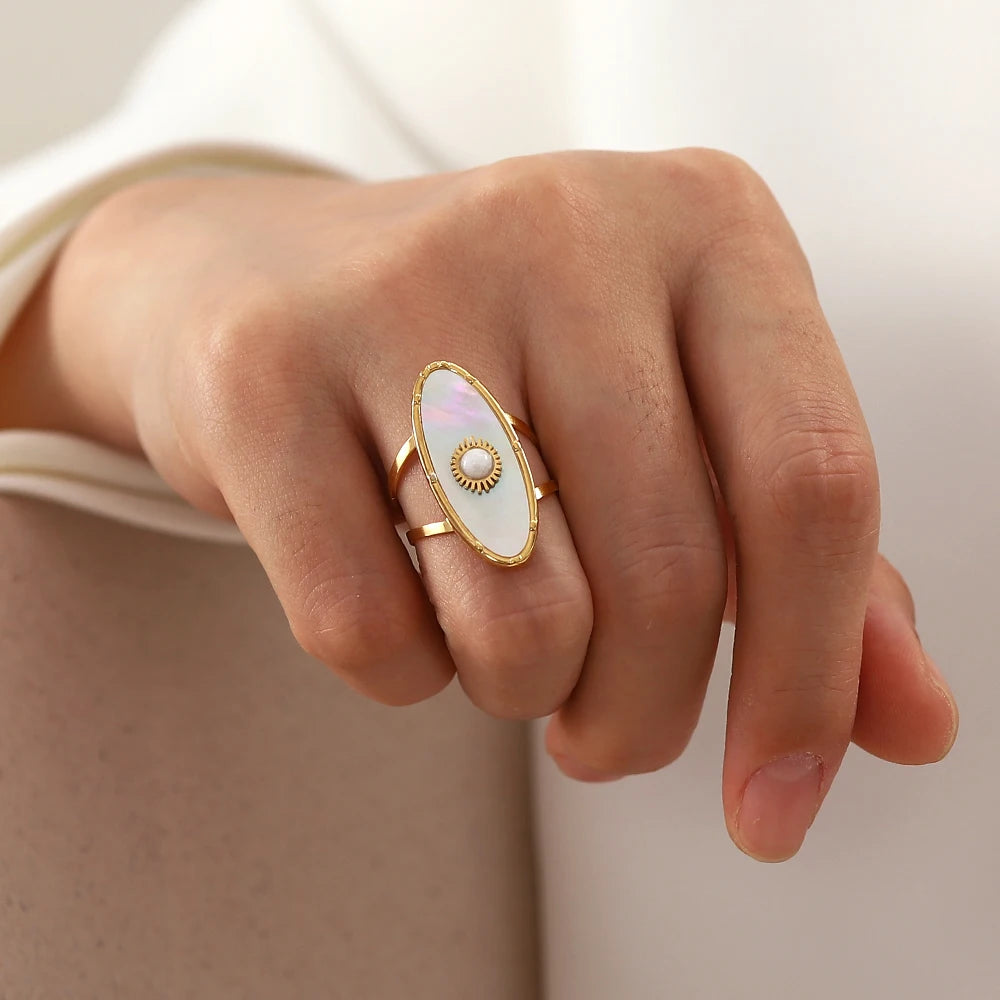 Kika Vintage Oval Round Natural Shell Pearl 18K PVD Gold Plated Stainless Steel Opening Rings Women Jewelry Anillos Mujer