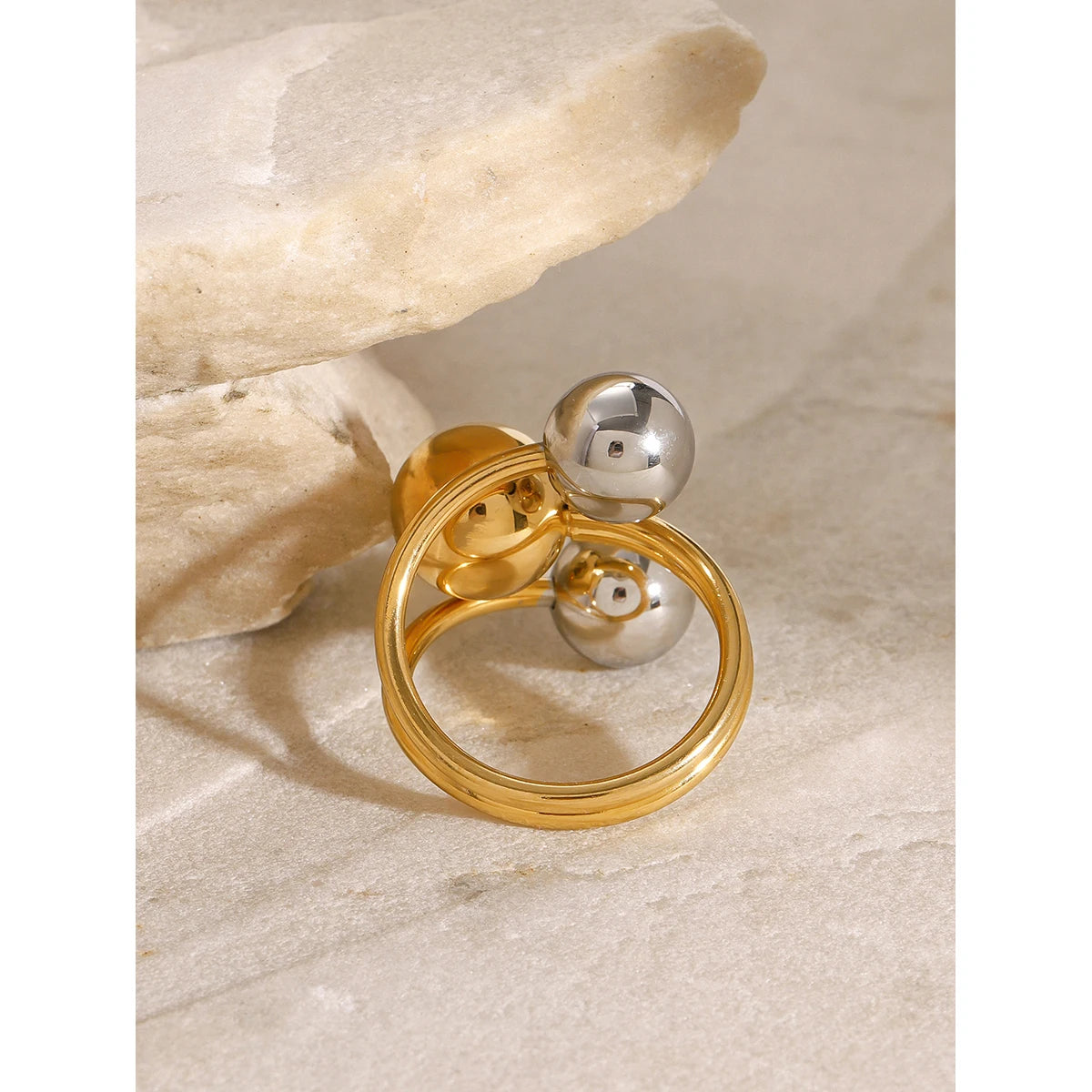 Kika Stainless Steel Ball Adjustable Ring Statement Golden Metal Trendy Finger Ring