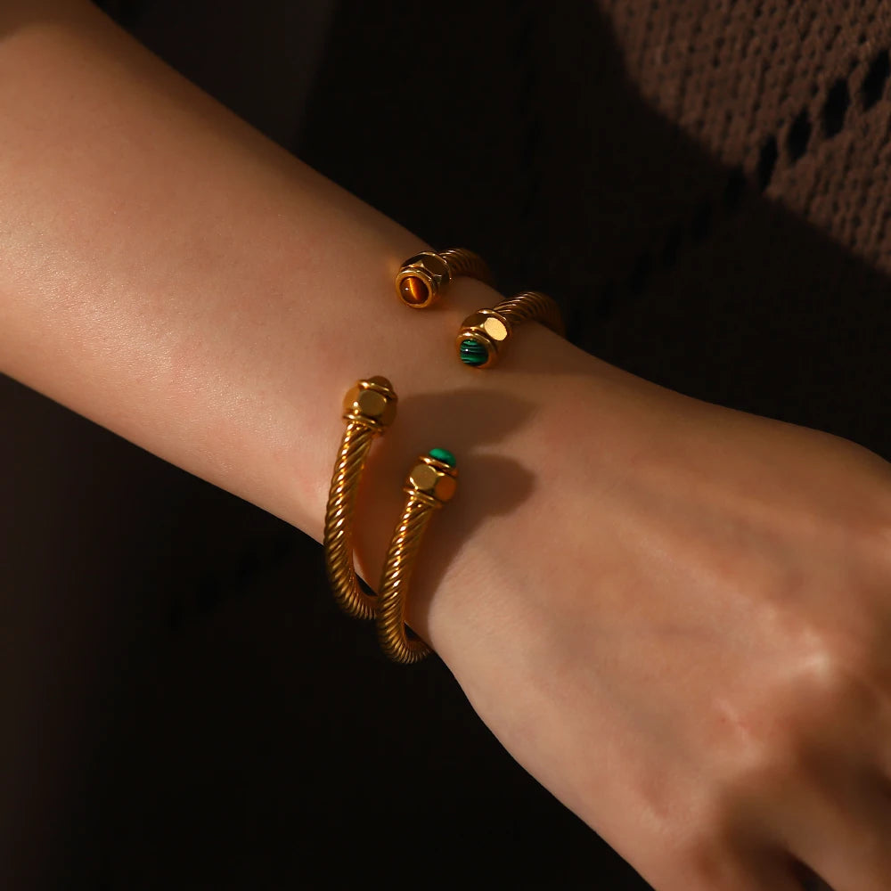 kika New Trendy18k Gold Plated Stainless Steel Jewelry Nature Stone Twist Pave Opening Bangles