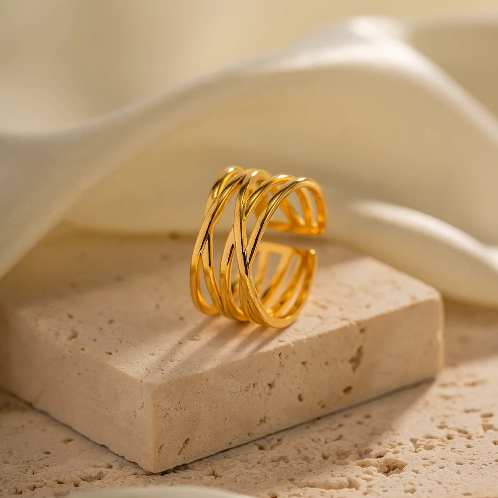 Kika Trendy18K PVD Gold Plated Stainless Steel Mulit Layer Line Wide Hollow Opening Rings Waterproof Jewelry for Women