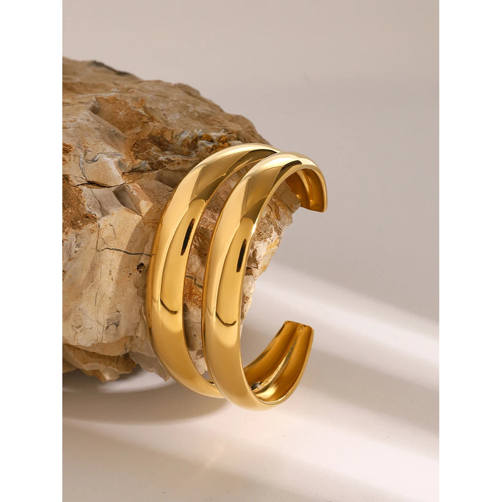 KIKA Stainless Steel Statement Gold Color Cuff Bracelet Bangle Metal Texture Multi-Layer Temperament Fashion Waterproof Jewelr