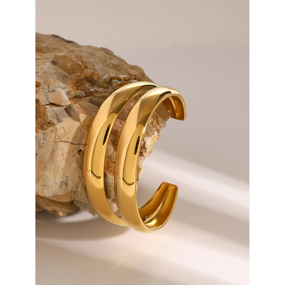 KIKA Stainless Steel Statement Gold Color Cuff Bracelet Bangle Metal Texture Multi-Layer Temperament Fashion Waterproof Jewelr