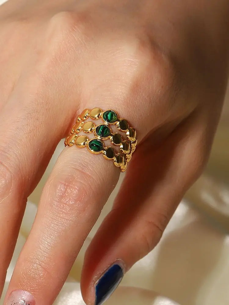 Kika Vintage 18K Gold Malachite Statement Open Ring WaterProof 18k PVD Gold Plated Stainless Steel bague femme acier inoxydabl
