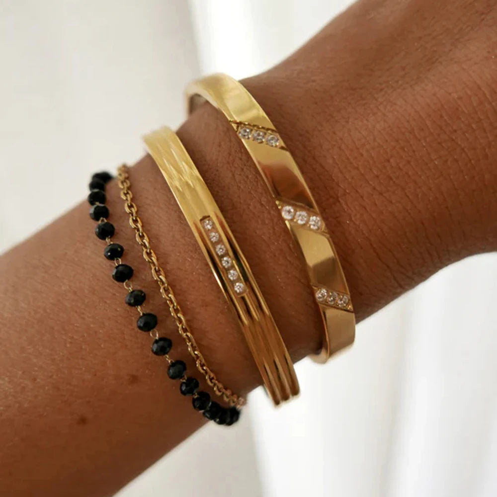 KIKA Simple Statement 18k Gold Color Cuff bracelet Stainless Steel Jewelry Waterproof Opening Cubic Zirconia Bangles For Women