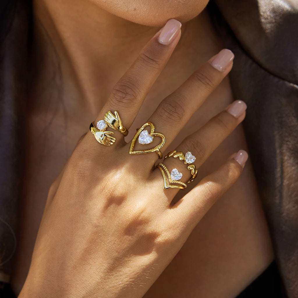 KIKA Classic Minimalist 18K Gold Color Plated Inlay Zircon Hollow Irregular Open Rings Waterproof Stainless Steel Jewelry Gift