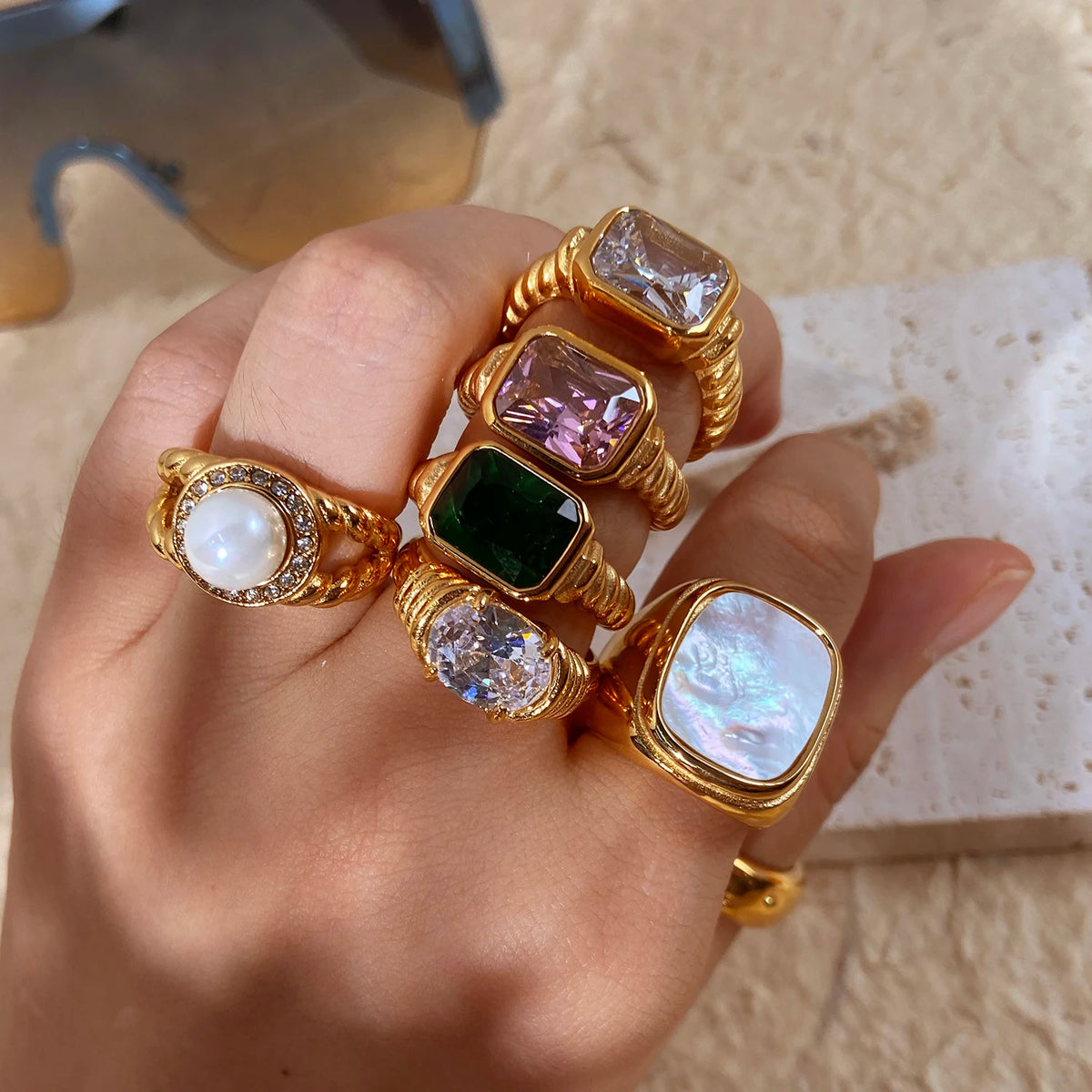 Kika Vintage Black stone 18K Gold Plated Stainless Steel Square Cz Rings For Women Moms Gift Elegant Ring WATERPROOF