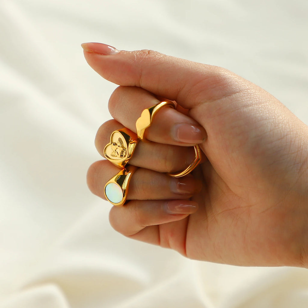 Kika 18K Gold Plated 316L Stainless Steel Heart Shape Angel Rings For Women Retro Statement Chunky Anillos MujerGifts