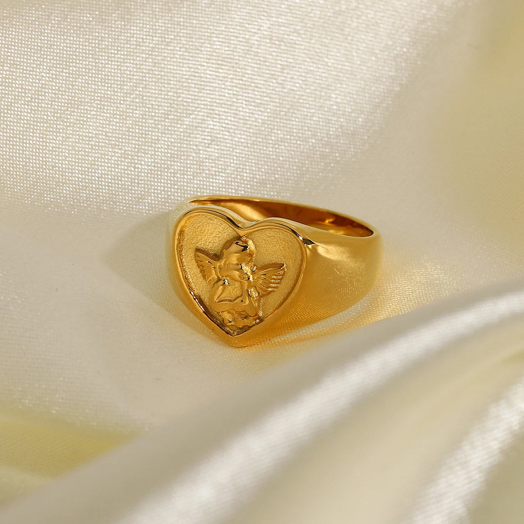 Kika 18K Gold Plated 316L Stainless Steel Heart Shape Angel Rings For Women Retro Statement Chunky Anillos MujerGifts