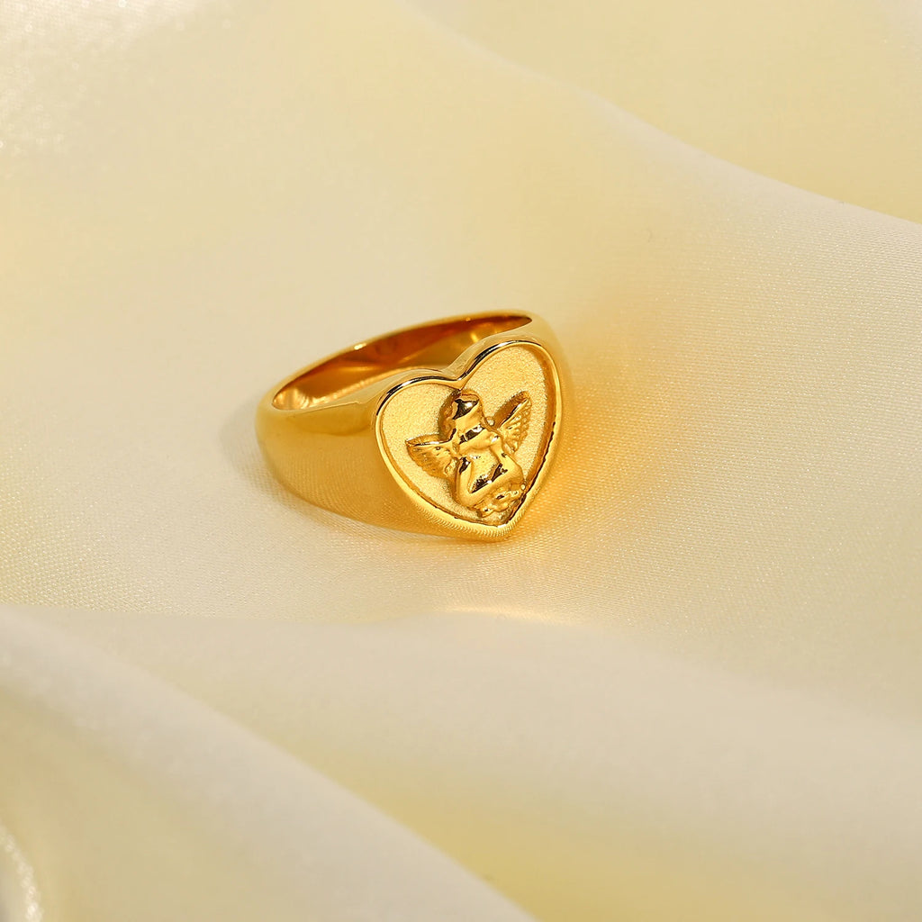 Kika 18K Gold Plated 316L Stainless Steel Heart Shape Angel Rings For Women Retro Statement Chunky Anillos MujerGifts