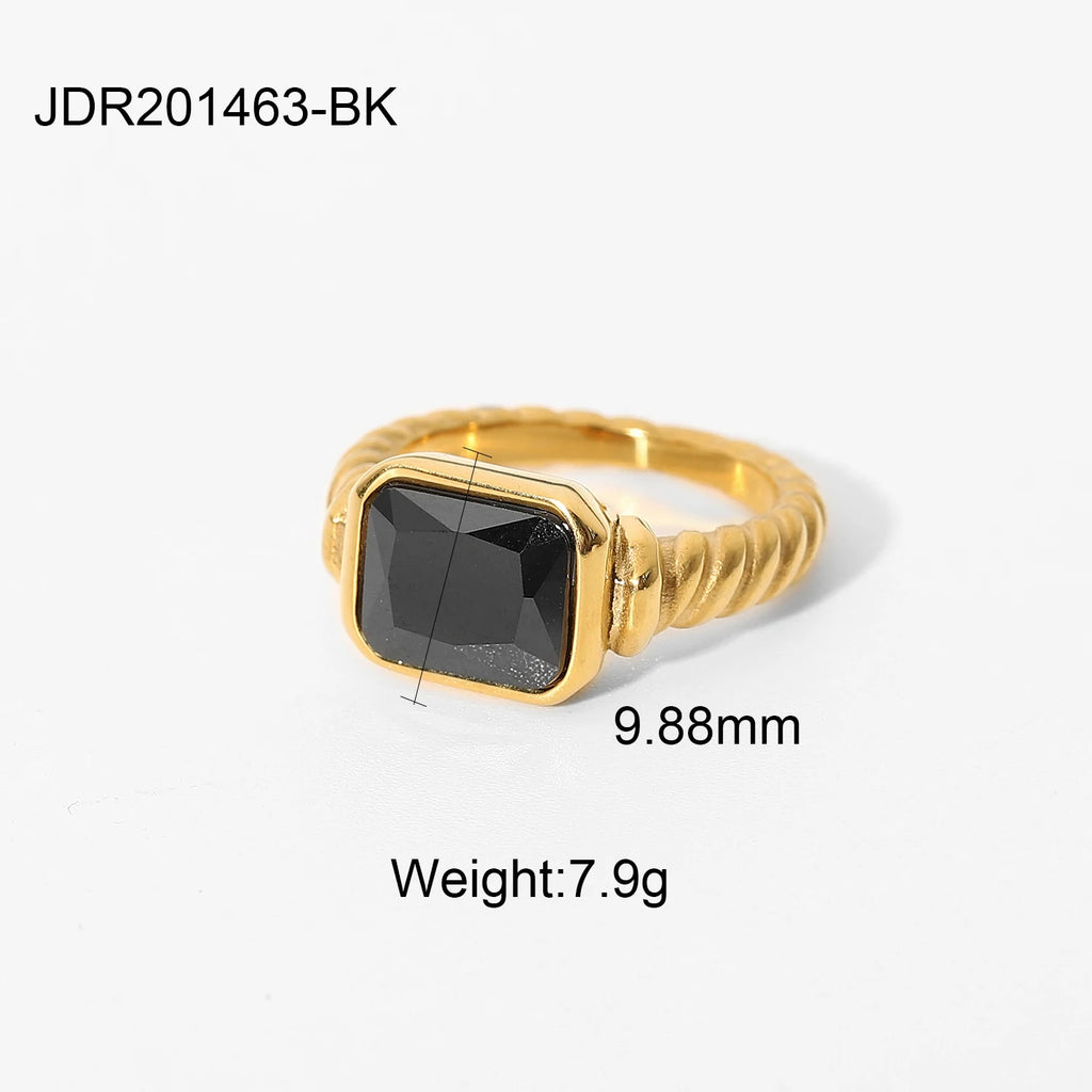 Kika Vintage Black stone 18K Gold Plated Stainless Steel Square Cz Rings For Women Moms Gift Elegant Ring WATERPROOF