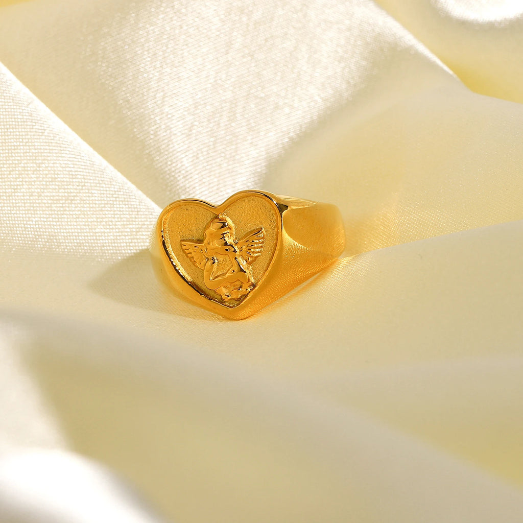 Kika 18K Gold Plated 316L Stainless Steel Heart Shape Angel Rings For Women Retro Statement Chunky Anillos MujerGifts