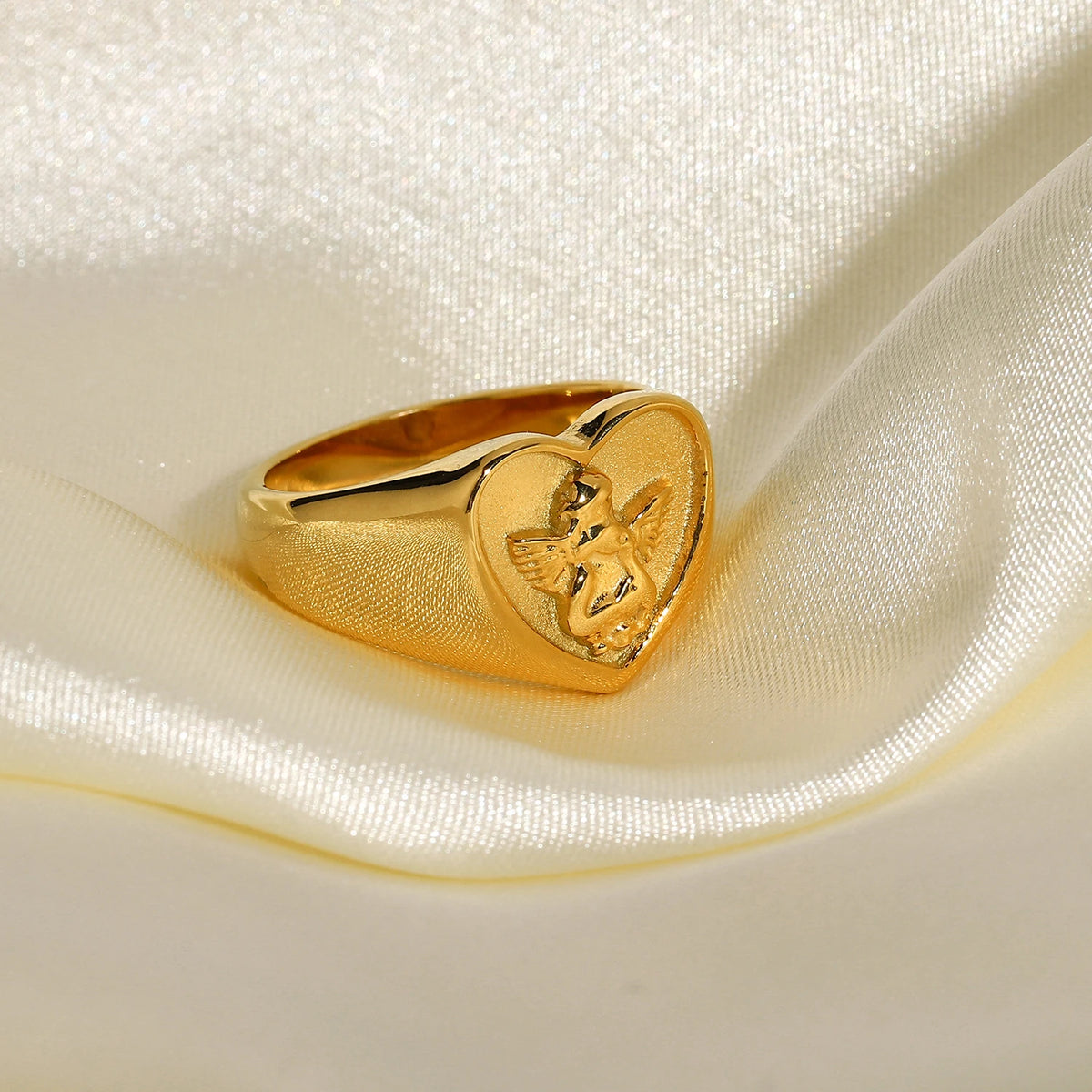 Kika 18K Gold Plated 316L Stainless Steel Heart Shape Angel Rings For Women Retro Statement Chunky Anillos MujerGifts