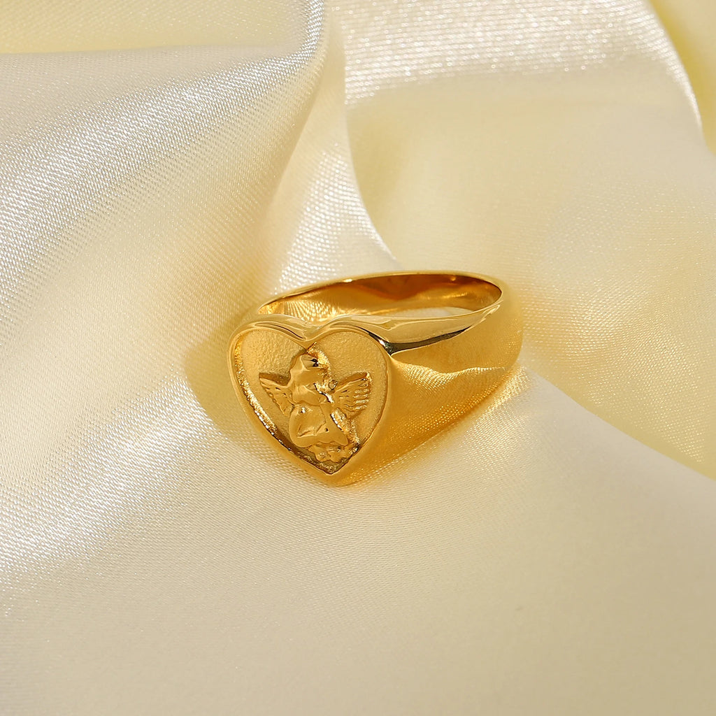 Kika 18K Gold Plated 316L Stainless Steel Heart Shape Angel Rings For Women Retro Statement Chunky Anillos MujerGifts