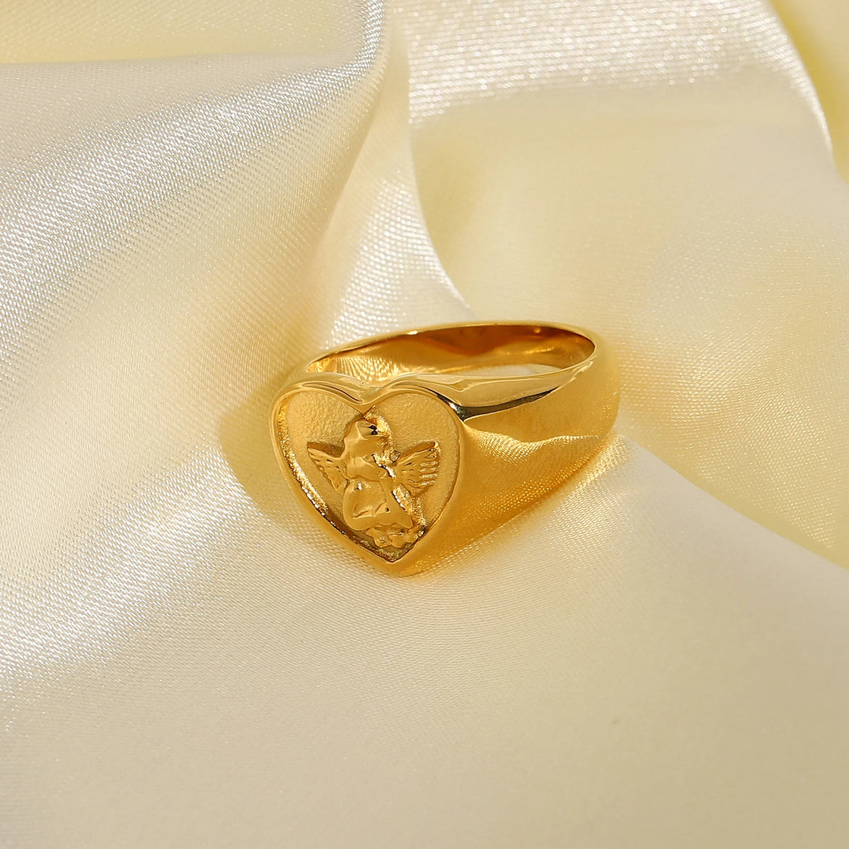 Kika 18K Gold Plated 316L Stainless Steel Heart Shape Angel Rings For Women Retro Statement Chunky Anillos MujerGifts