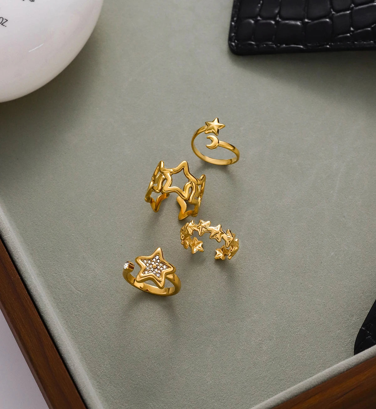 KIKA Unique Designer 18K Gold Color PVD  Plated Stainless Steel 316L Rhinestone Pentagram Rings Stackable