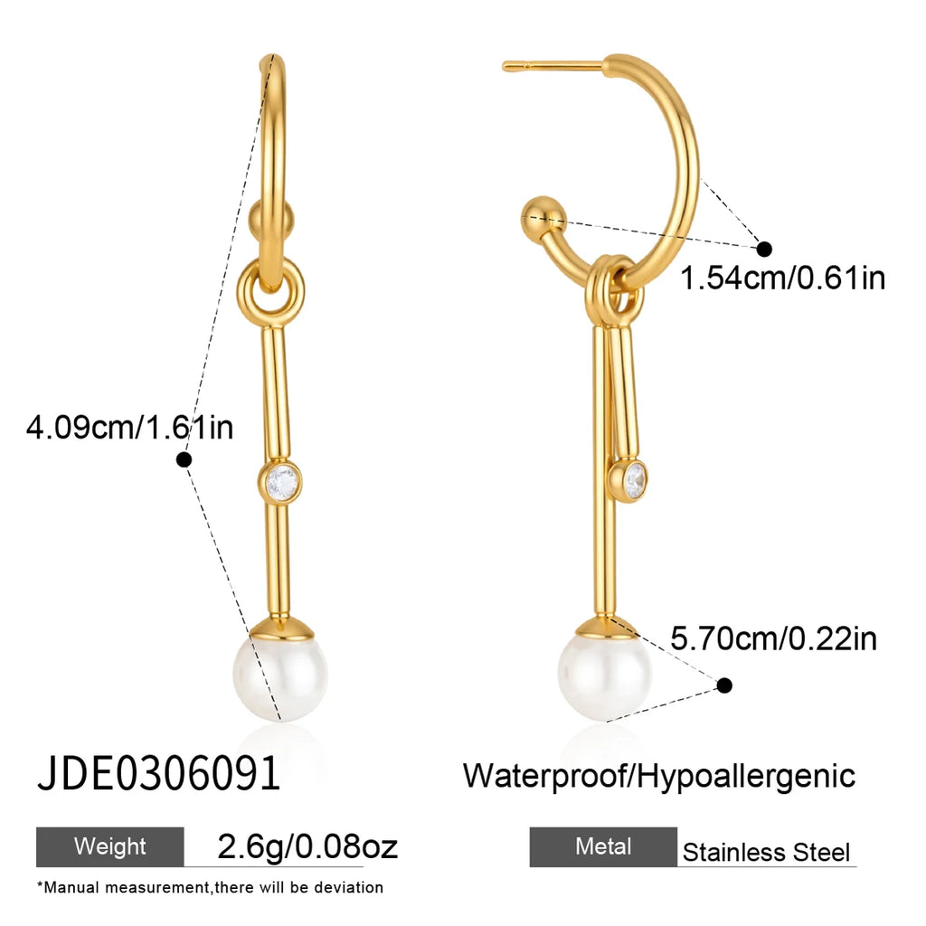 KIKA Detachable Zircon Imitation Pearl Drop Earrings PVD 18K Gold Plated Stainless Steel 316L