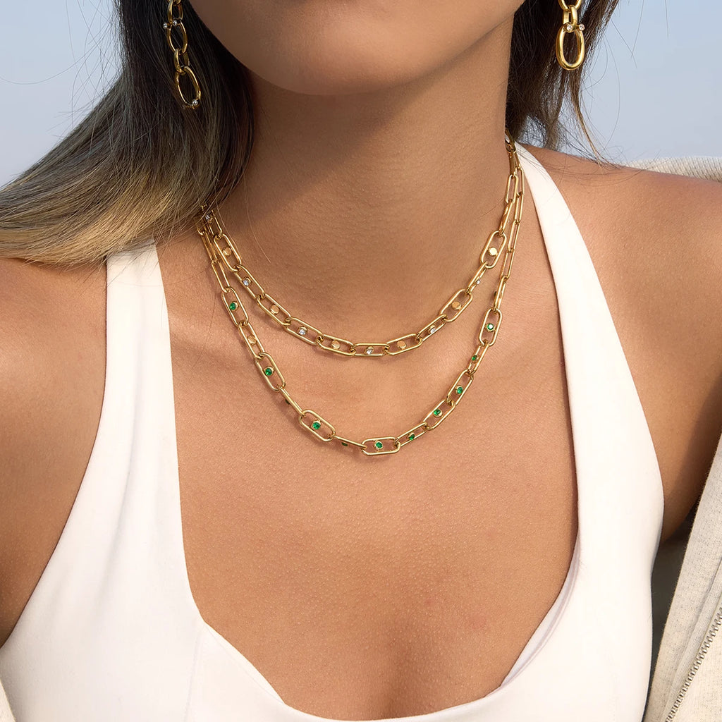 Hollow-Out Paperclip Chain Necklace With Green Rhinestones