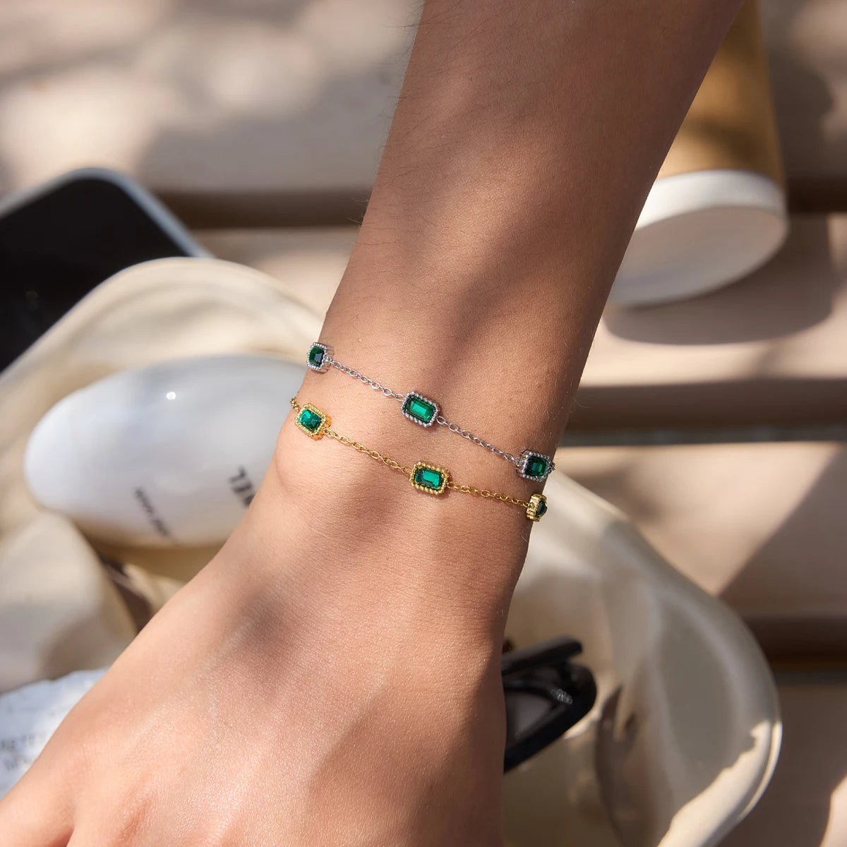 KIKA Elegant Green Zircon Chain Bracelet PVD Plated Stainless Steel 316L