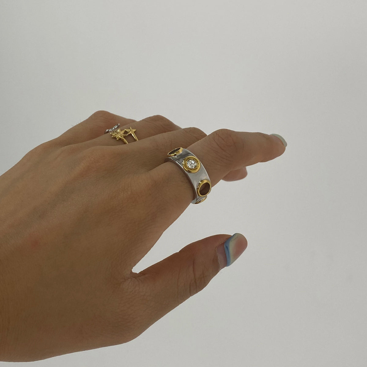 Kika Minimalist 18K Gold Color Plated Stainless Steel Two tone Zircon Ring Round Hollow Stackable Ring Women's Jewelry