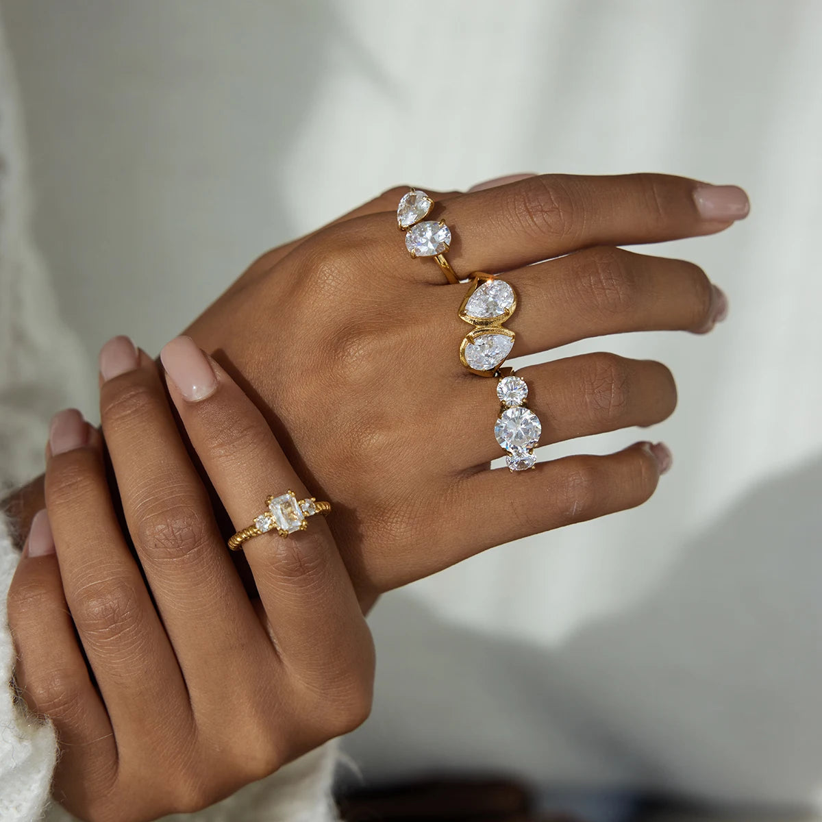 KIKA Classic MInimalist 18k Gold Color PVD Plated Droplet Shaped Large White Zircon Rings Waterproof  Stainless Steel 316L