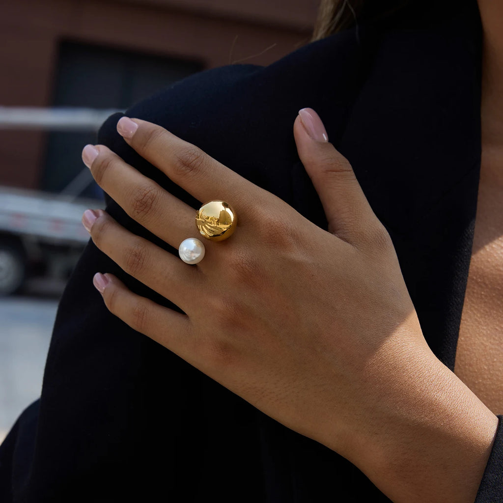 KIKA  Minimalist Classic 18K Gold Color PVD Plated Glass Pearl Asymmetric Spherical Ring Stainless Steel 316L Waterproof