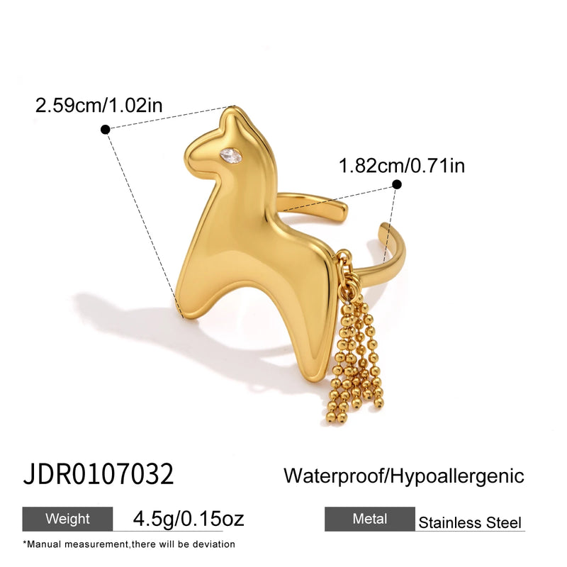 KIKA Cute Horse Shape Tassel Open Rings For Women Minimalist 18K Gold PVD Plated Stainless Steel 316L Rings Fashion Jewelry Gift