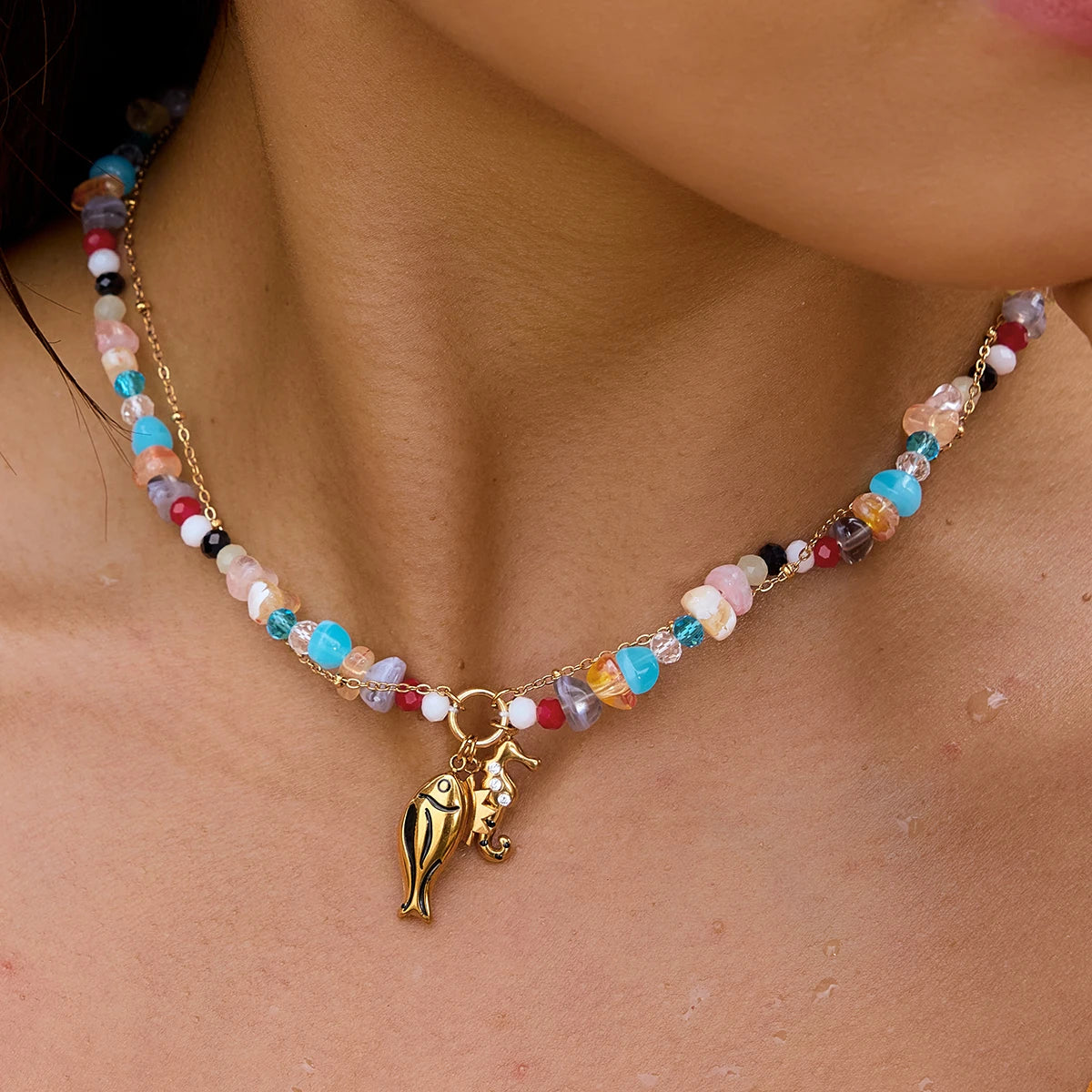 Kika Delicate Seahorse Drip Oil Fish Pendant Double-Layer Necklace