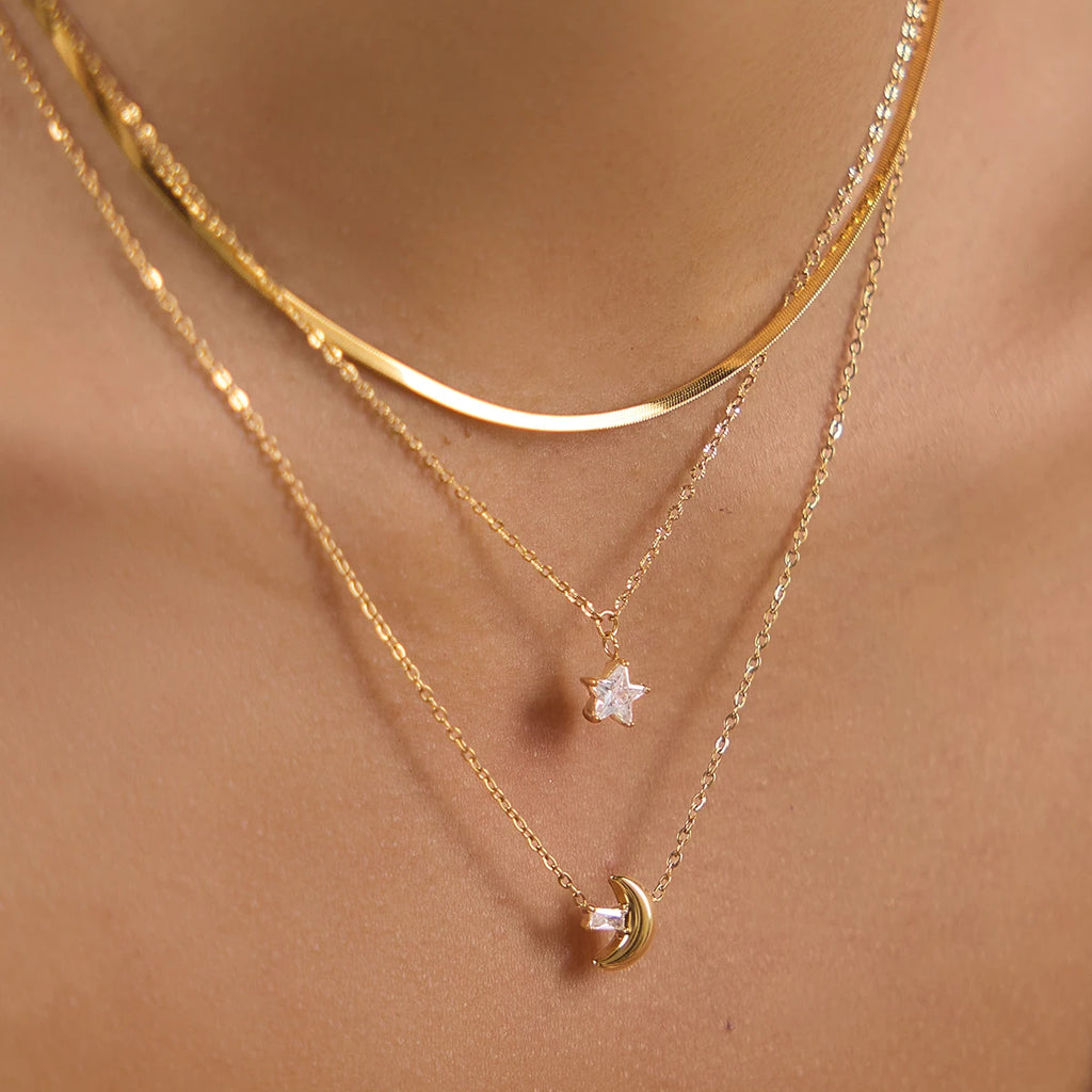 Kika Delicate Square White Zircon Moon Star Pendant With Three Layers Chain Necklaces