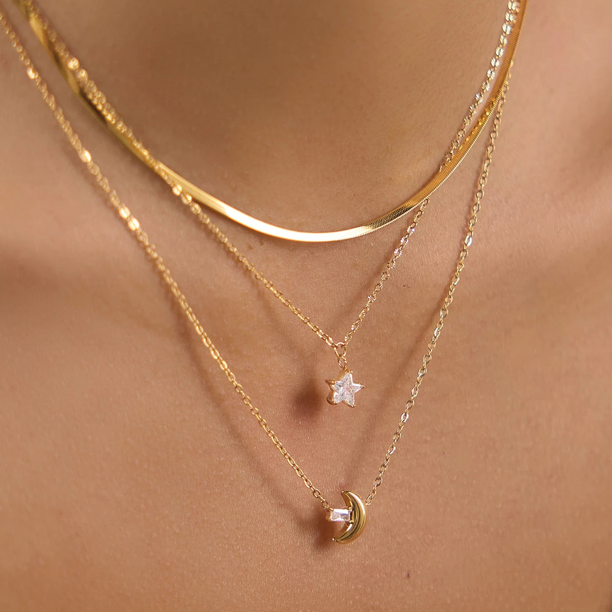 Kika Delicate Square White Zircon Moon Star Pendant With Three Layers Chain Necklaces