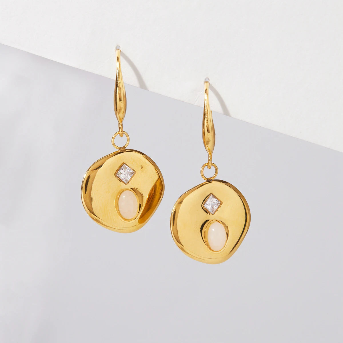 KIKA Natural Stone Zircon Coin Drop Earrings  PVD Plated Stainless Steel 316L