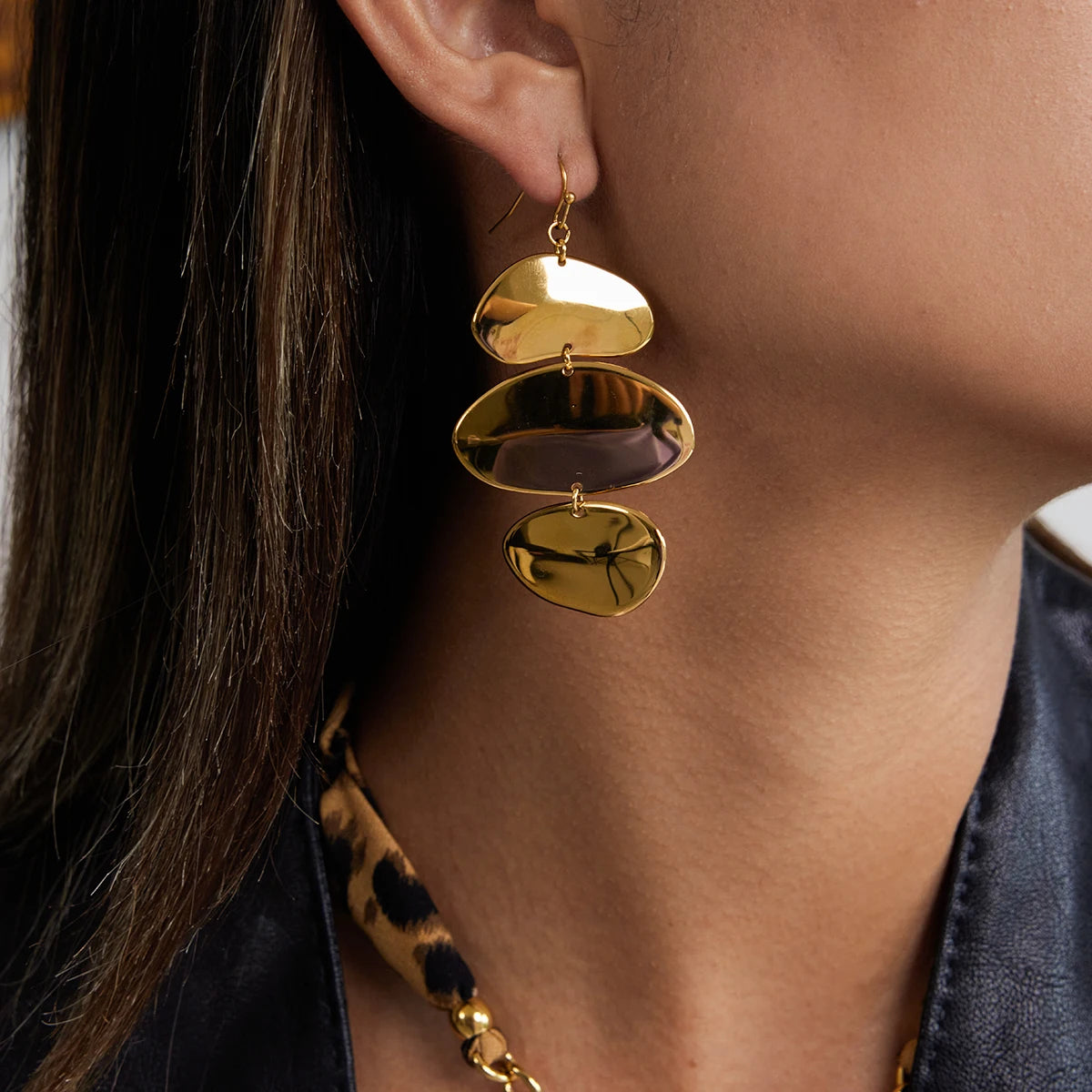Kika Minimalist Irregular 3-layer Circular Pendant Earrings 18K Gold Color Plated Stainless