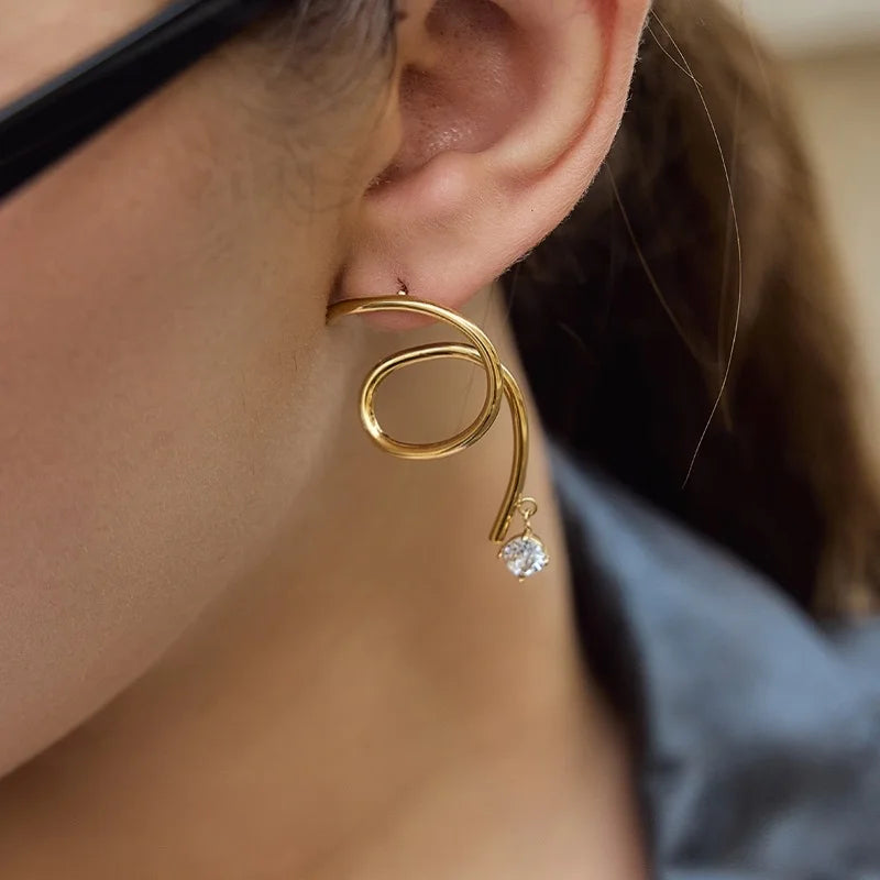 Kika Asymmetric Water Drop Round Zircon Spiral Stud Earrings