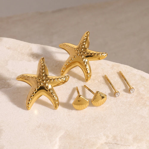 Exquisite 3-Pair Earring Set Shell Starfish Ear Studs Stackable