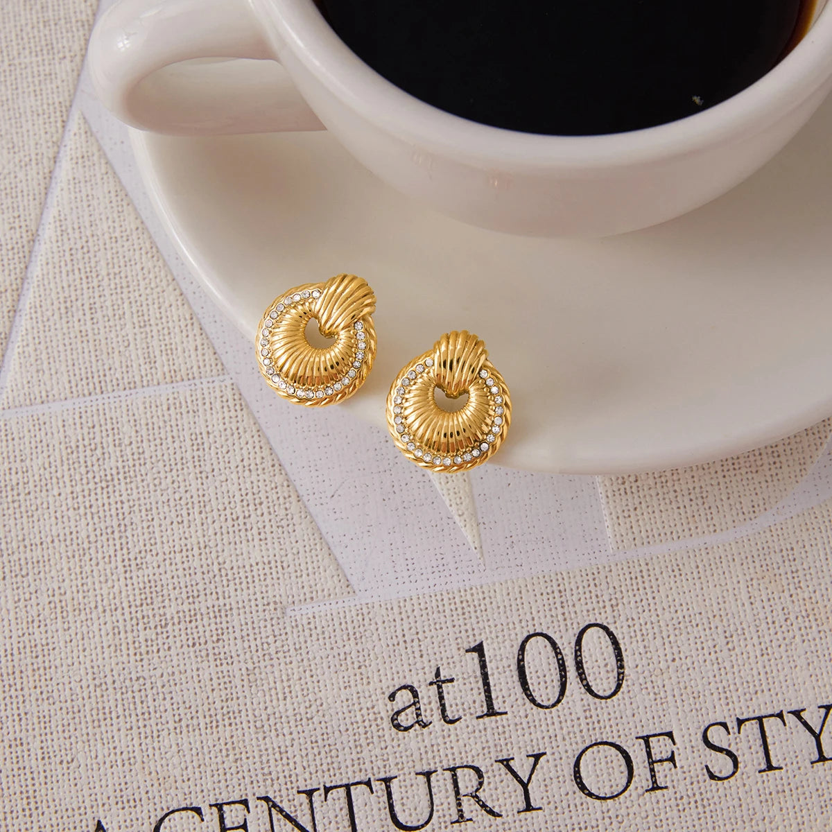 KIKA Simple Classic Round Hollow Thread Bull Horn Earrings 18K Gold Color PVD  Plated Stainless Steel 316L Door Handle Ear Studs
