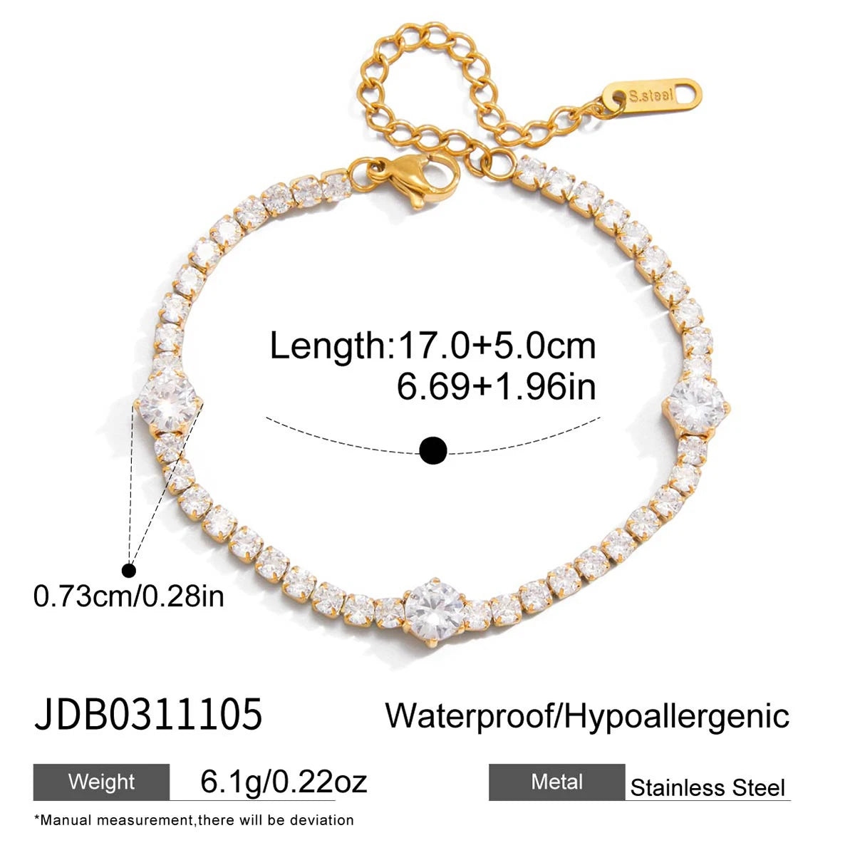 Kika Classic Zircon Tennis Chain Bracelet 18K Gold Plated Stainless Steel 316L