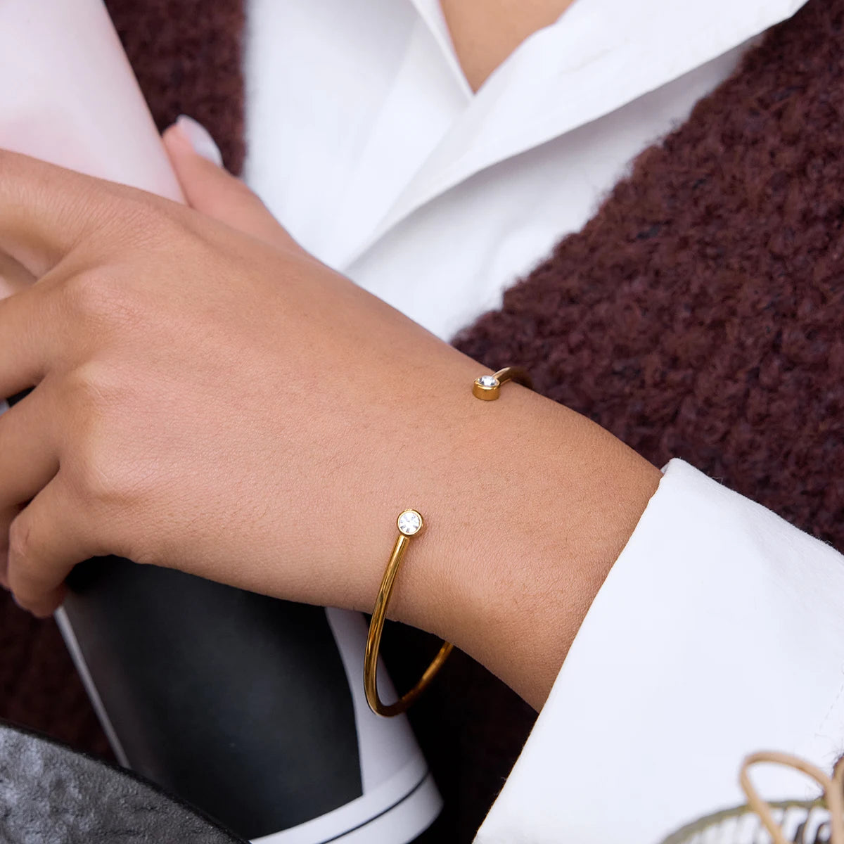 White Round Zircon Open Bracelet With O-Chain Double Layered Bracelets
