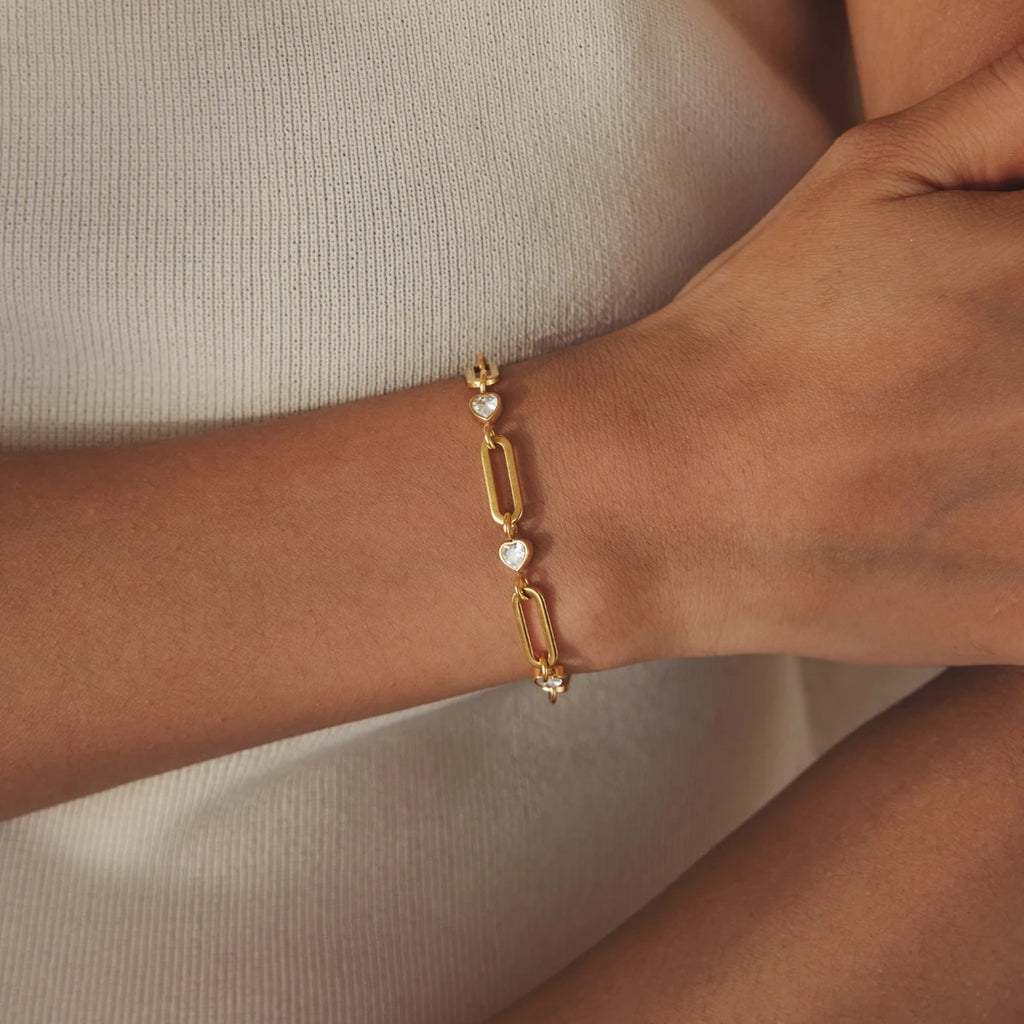 KIKA Heart Zircon Paperclip Chain Bracelet For Women Minimalist 18K Gold PVD Plated Stainless Steel Bracelet Fashion Jewelry