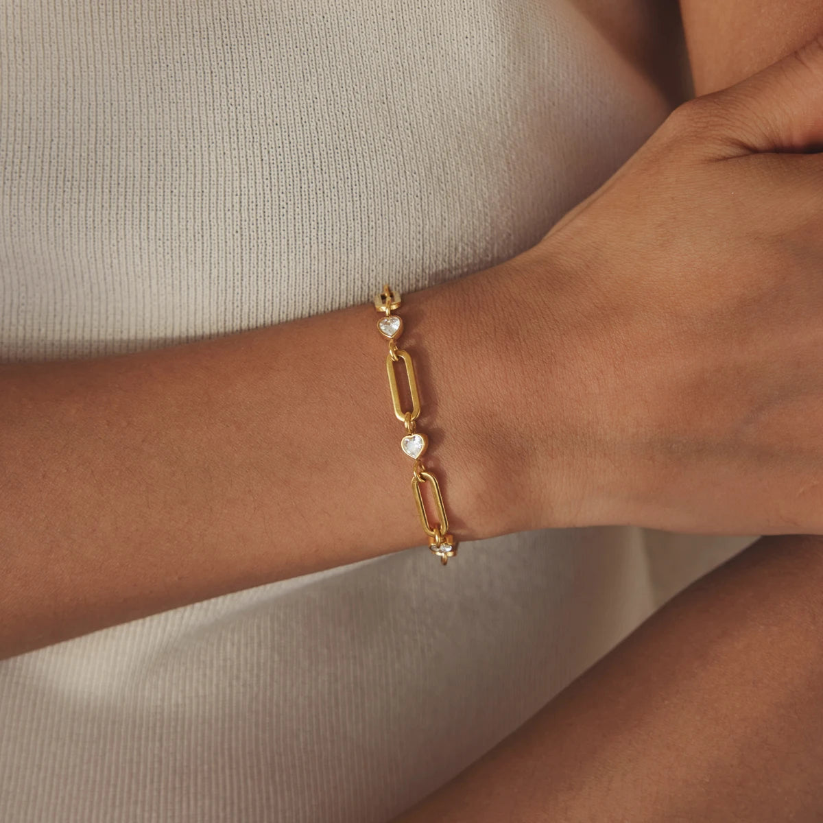 KIKA Heart Zircon Paperclip Chain Bracelet For Women Minimalist 18K Gold PVD Plated Stainless Steel Bracelet Fashion Jewelry