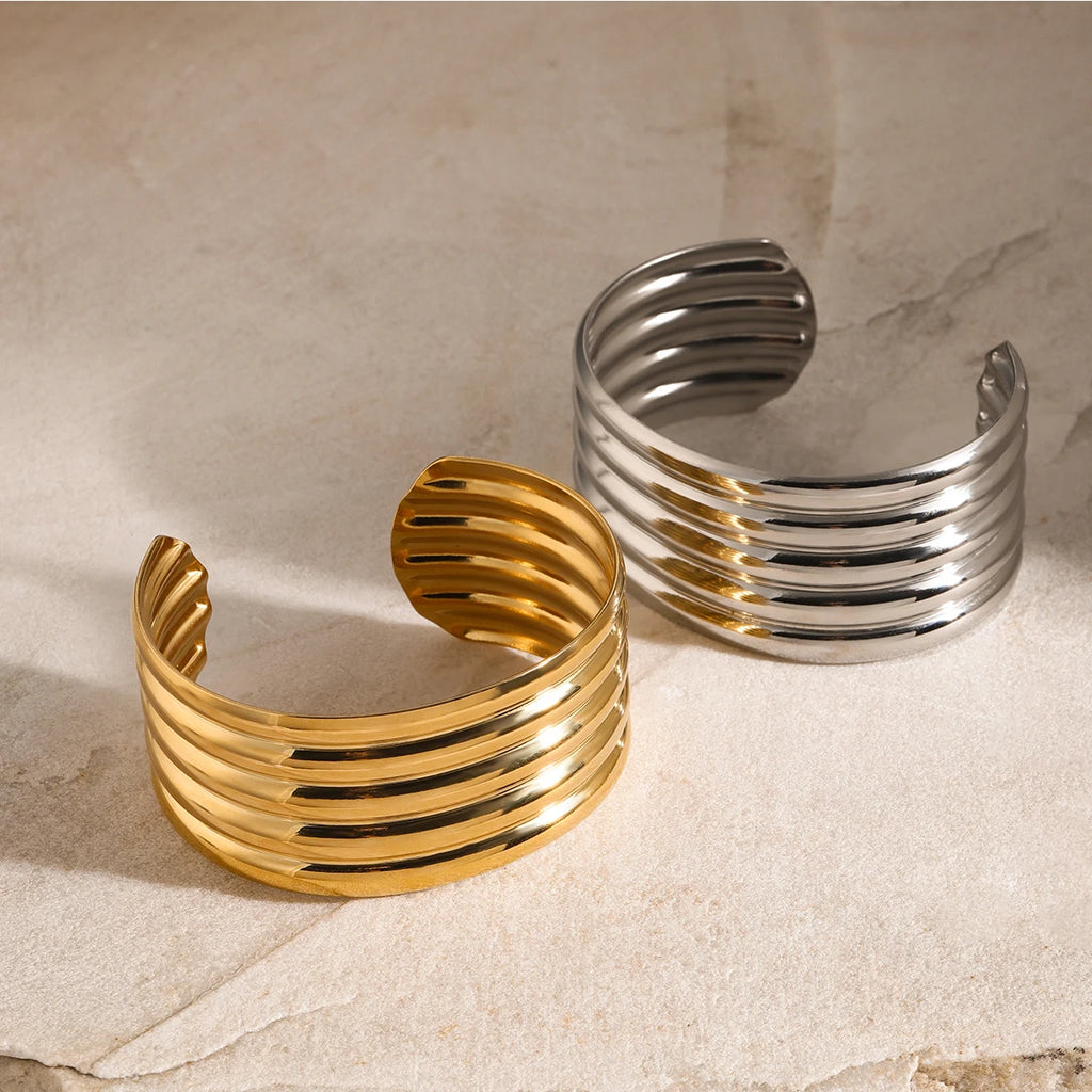 KIKA Luxury Stainless Steel Statement Gold Color Cuff Bracelet Bangle Metal Texture Temperament Fashion Waterproof Jewelry