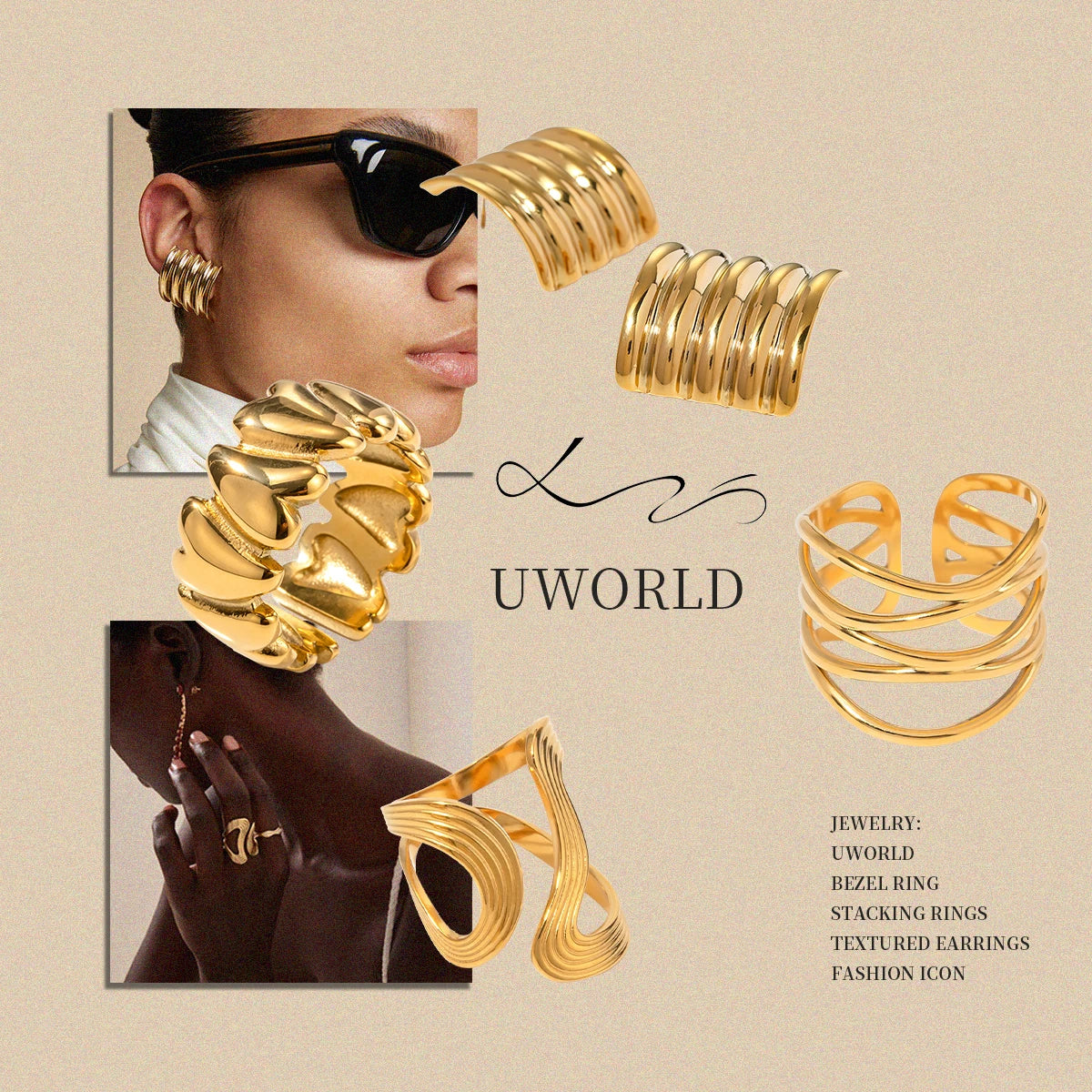 Kika 5PCS Textured Earrings Heart-Shaped Linear Stacked Rings Gold Color Clothing Matching