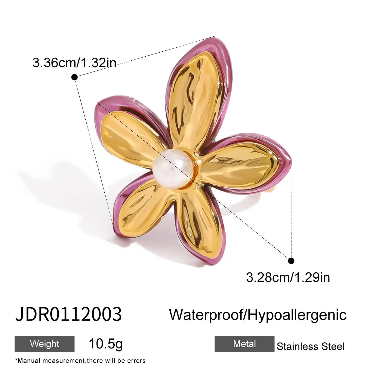 Kika Fashionable Sweet 18K Gold Color Plated Stainless Steel Pearl Five Petal Flower Ring