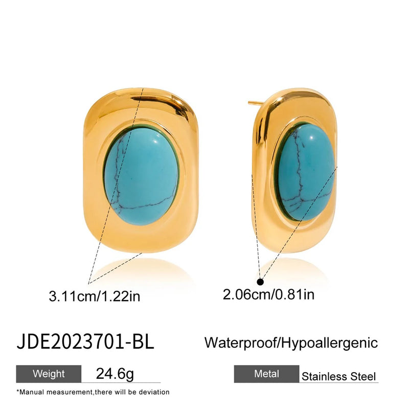 KIKA Vintage PVD Plated Stainless Steel Oval Turquoise Ear Studs Exaggerated Oversized Autumn And Winter Earrings