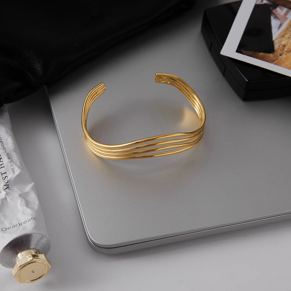 Kika Minimalist 18K Gold Color Plated Stainless Steel Multi Layer Line Hollow  Bracelets Woman