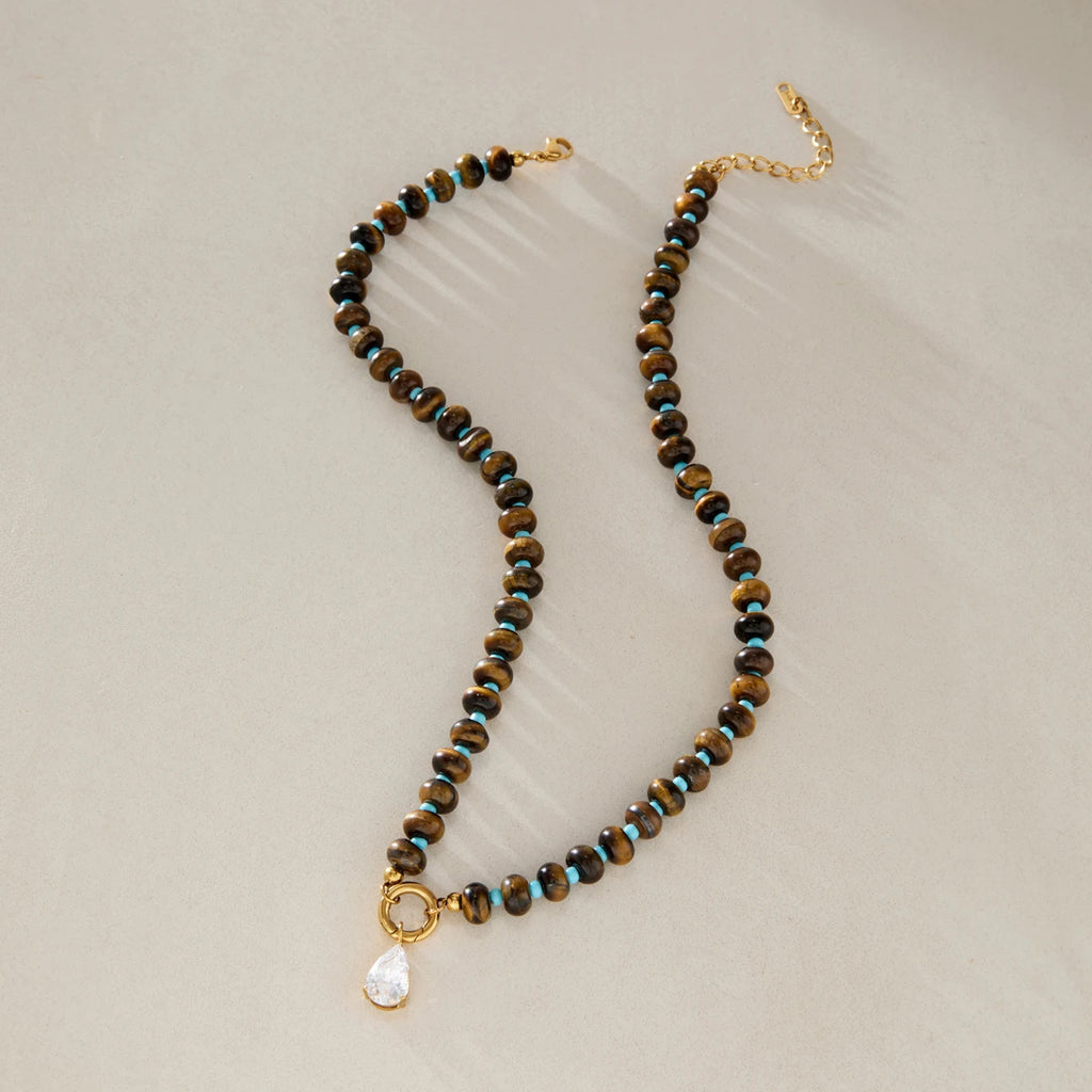 KIKA Water Drop Zircon Tiger Eye Stone Bead Necklace For Women 18K Gold Plated Stainless Steel Necklace Fashion Jewelry Gift