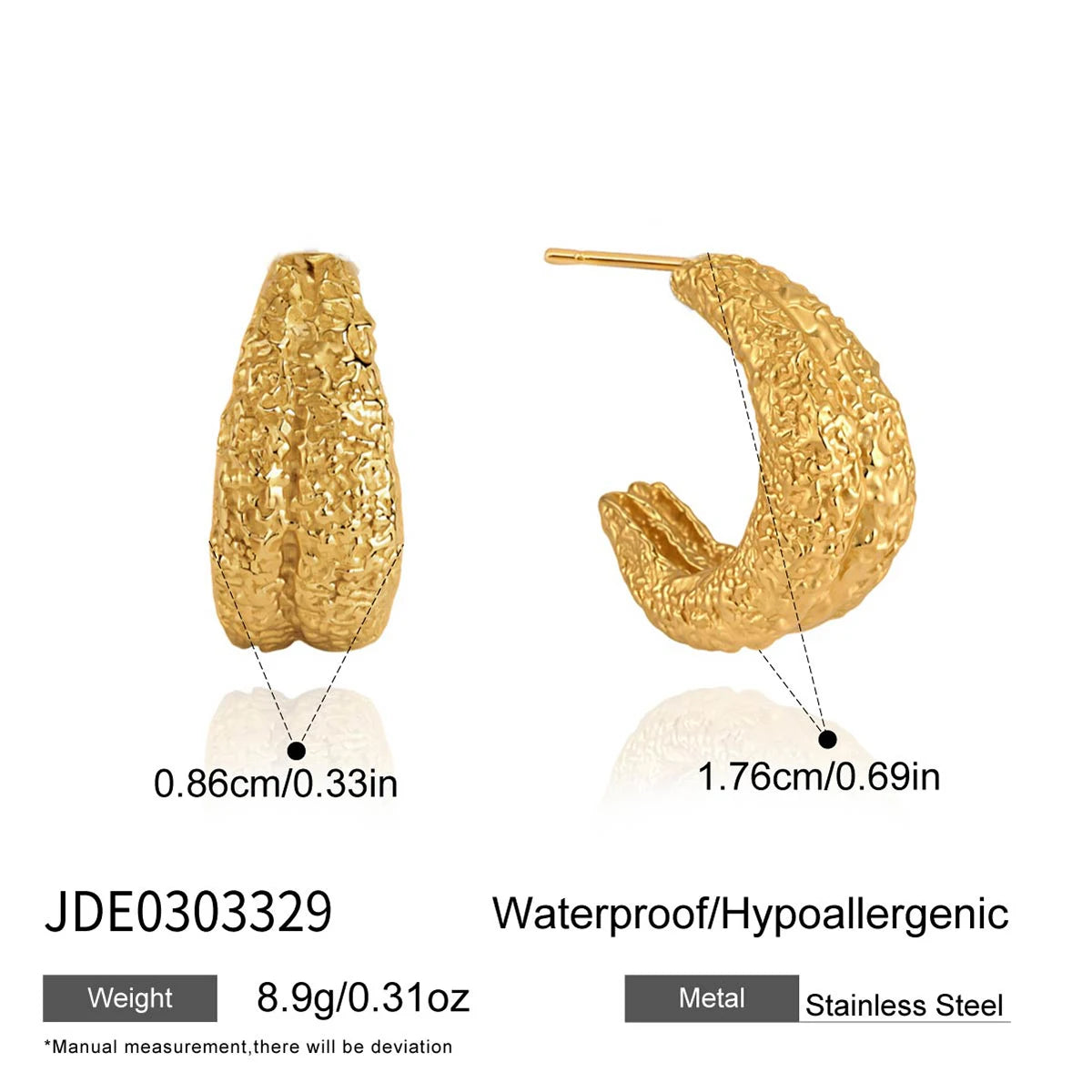 KIKA Delicate Gold Color C-Shaped Hammer Patterned Earrings  PVD Plated Stainless Steel 316L