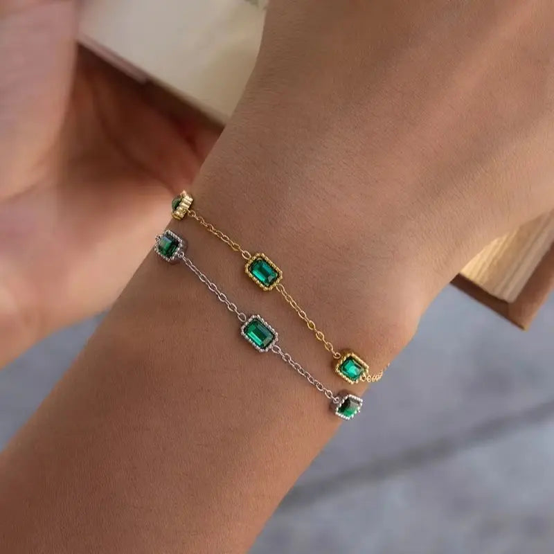 KIKA Elegant Green Zircon Chain Bracelet PVD Plated Stainless Steel 316L