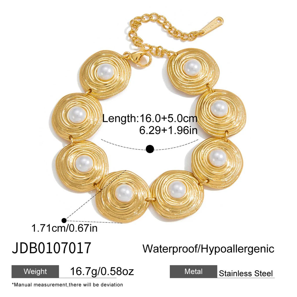 Kika Elegant Classic Minimalist 18K Gold Color Plated Inlay High Brightness Pearl Circular Bracelets