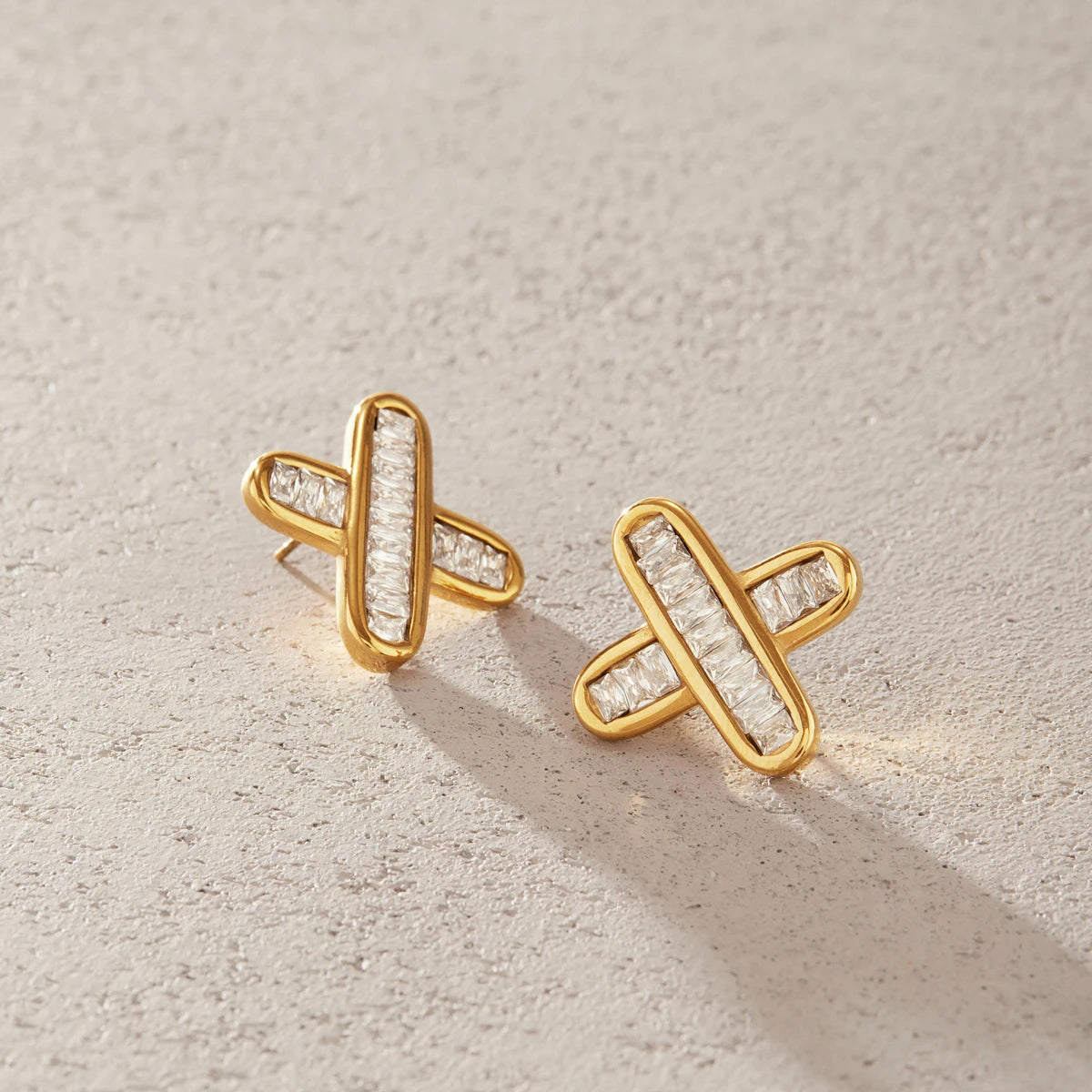 KIKA Delicate Iced Out Zircon Crossed Stud Earrings For Women 18K Gold Plated Stainless Steel Earrings Fashion Jewelry Gift