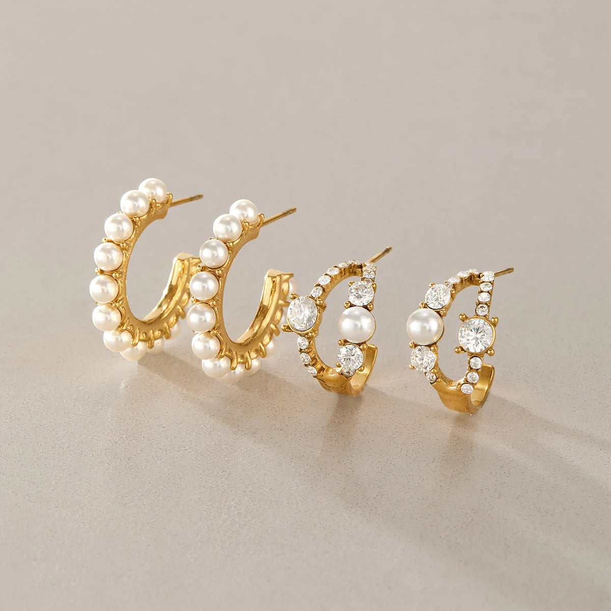 KIKA Elegant Zircon Imitation Pearl Earrings For Women 18K Gold Plated Stainless Steel C Shape Stud Earrings Fashion Jewelry