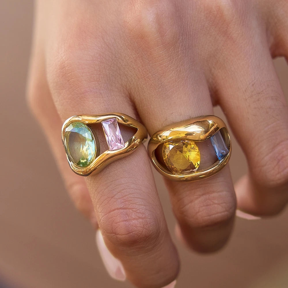 KIKA Chunky Multicolor Big Zircon Hollow Open Ring 18K Gold PVD Plated Stainless Steel 316Lt